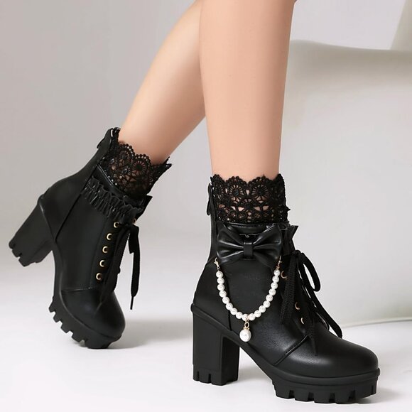 Women's Faux Leather Platform Ankle Boots with Pearl Chain Bow 8 - Picture 6 of 9